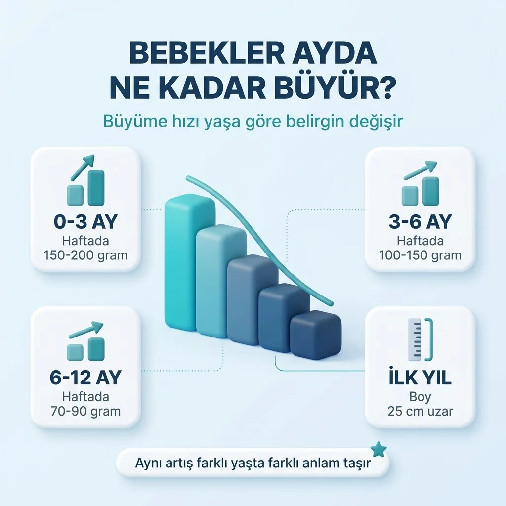 Bebeklerde beklenen büyüme — 0-3 ayda haftada 150-200 gram, ilk yılda boyda 25 cm artış