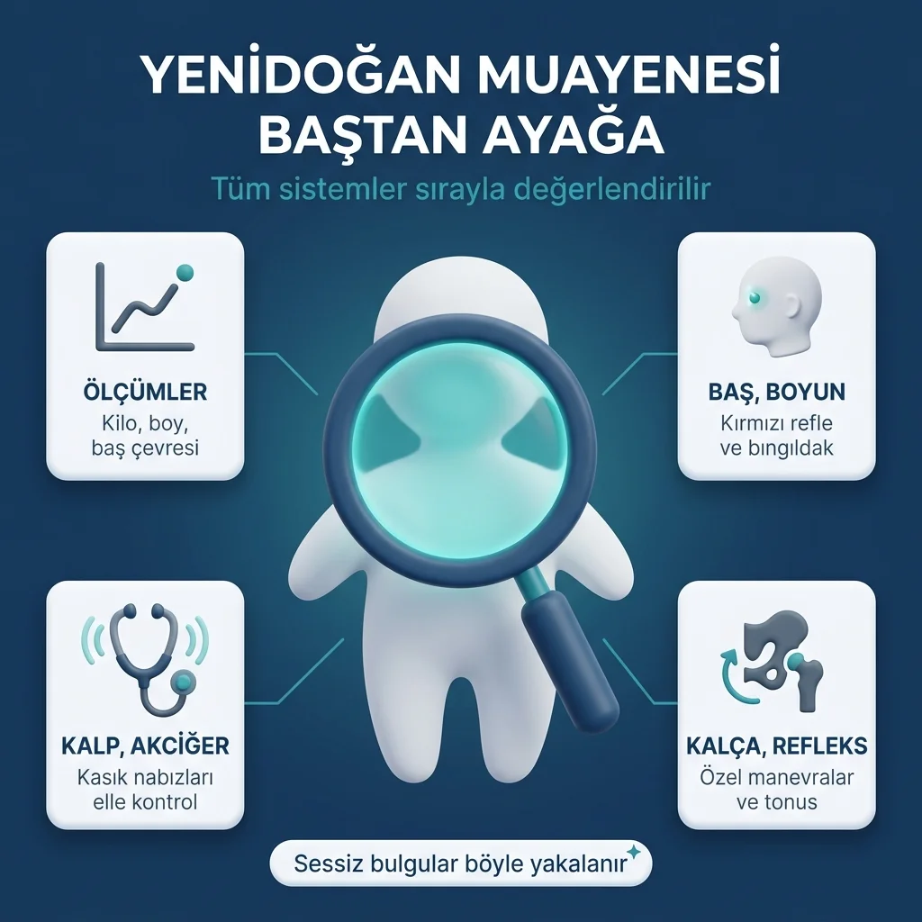 Yenidoğan bebek — baştan ayağa muayenede ölçümler, kırmızı refle, kalp sesleri ve kalça