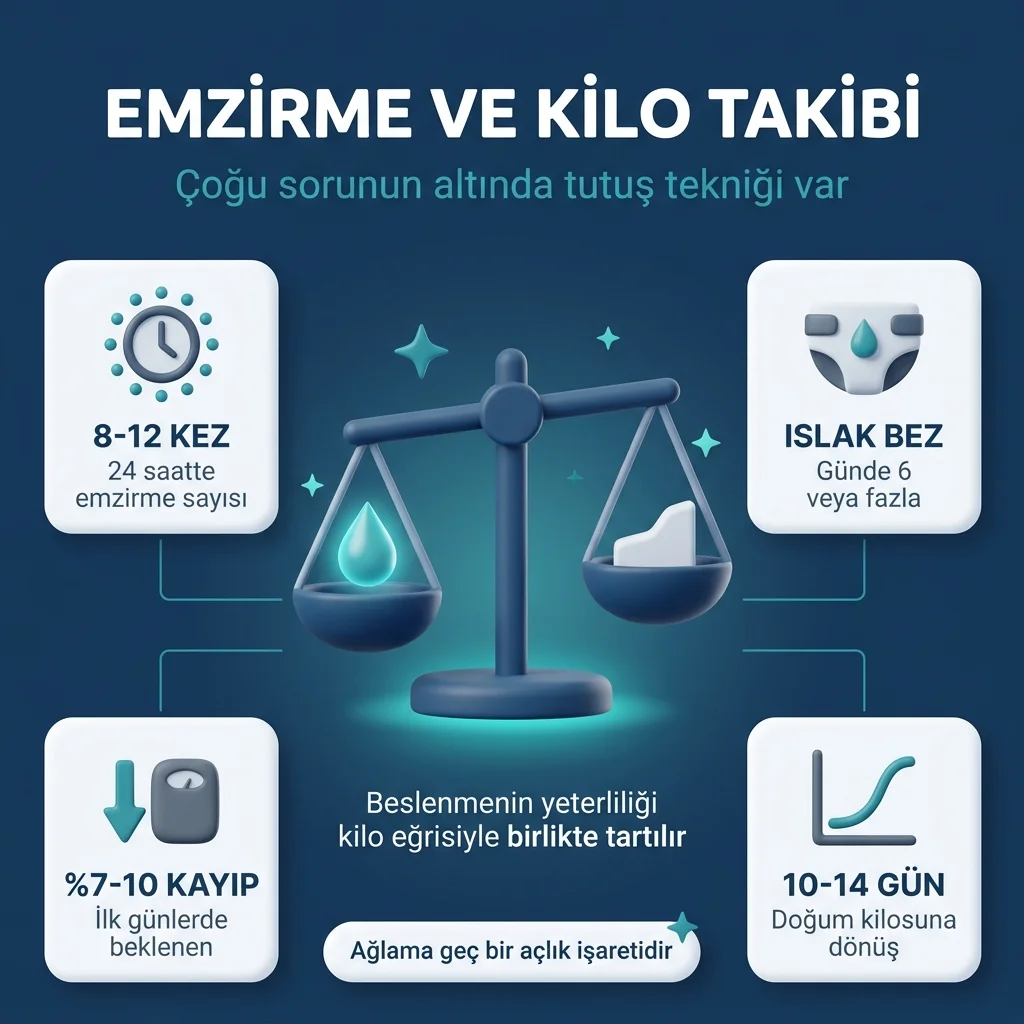 Yenidoğanda emzirme izlemi — günde 8-12 emzirme, ıslak bez sayısı ve kilo eğrisi