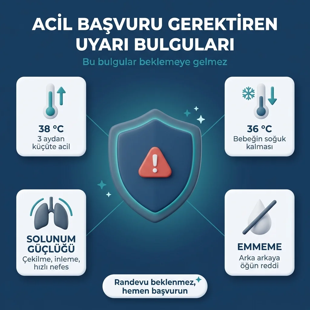 Yenidoğanda acil başvuru bulguları — 3 aydan küçükte 38 °C ateş, 36 °C altı ısı, solunum güçlüğü, emmeme
