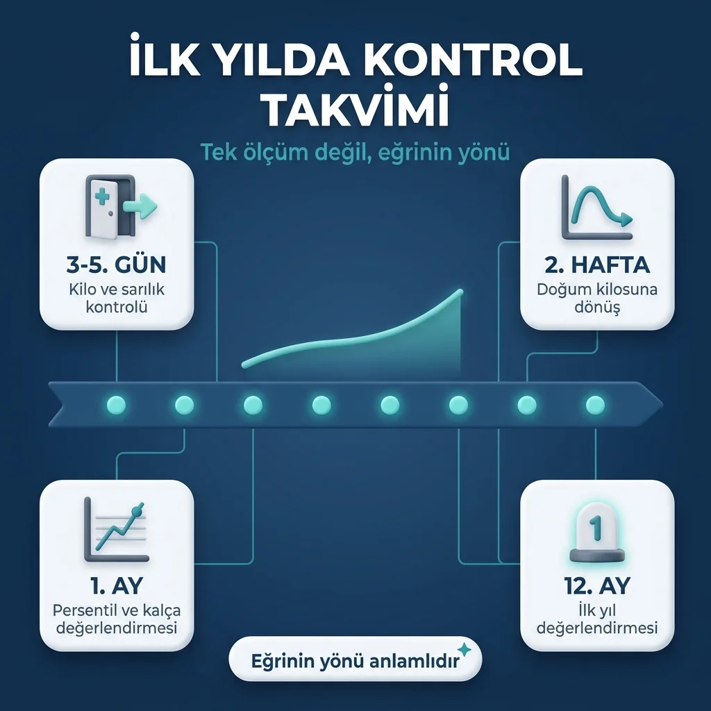 Yenidoğan kontrol zamanları — 3-5. gün, 2. hafta, 1. ay ve 12. ay kontrolleri